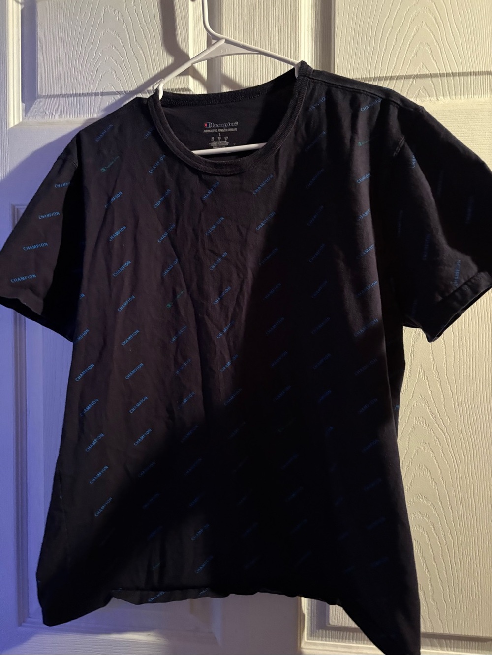 Champion Black Short-Sleeve Tee with Blue Logo Print